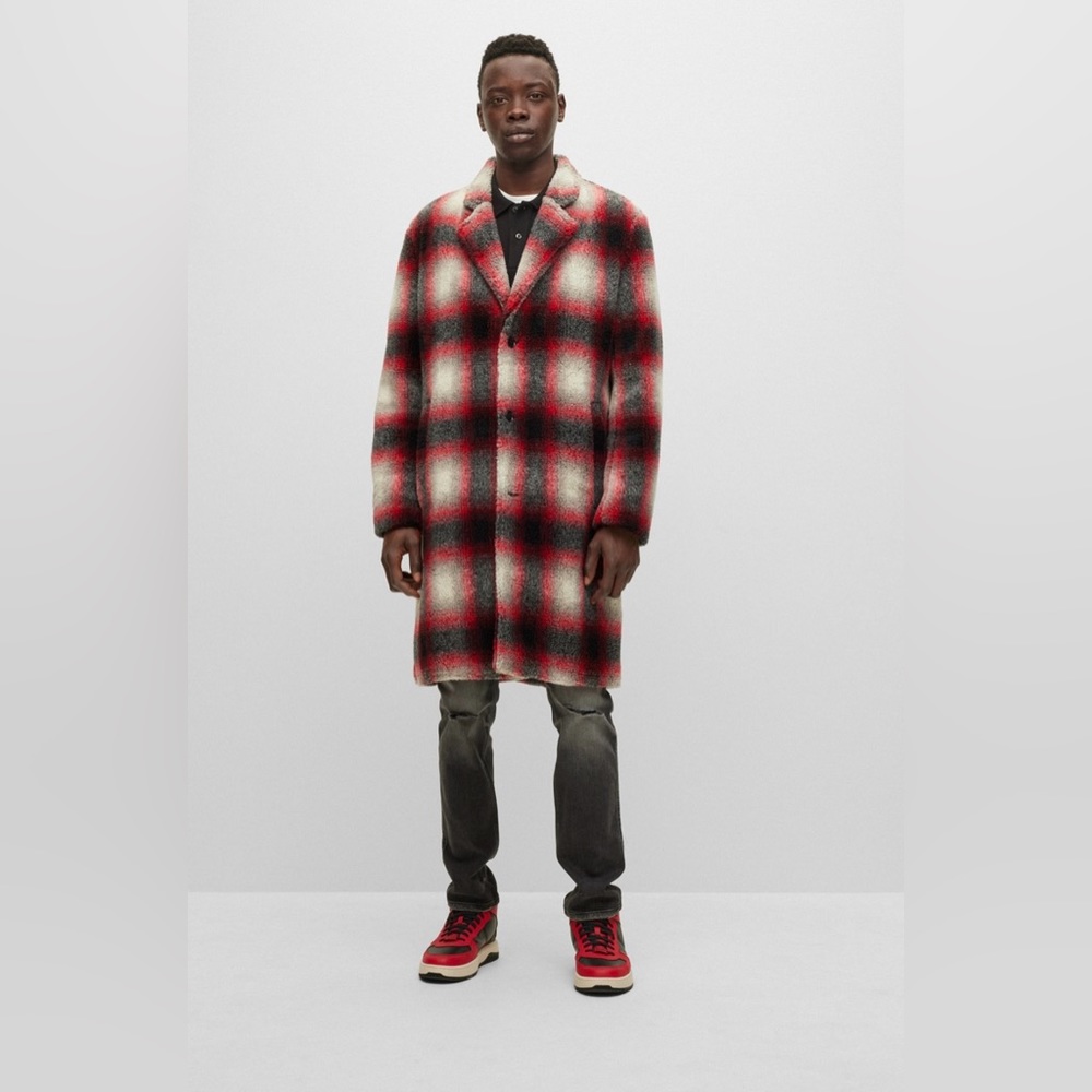 Hugo Boss Red Plaid Checked Teddy Duster